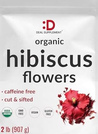 Flores de hibisco orgánicas secas, 2 libras - Hojas enteras cortadas y tamizadas - Fuente de flores de hojas sueltas - Sabor y aroma crudos, ideal para rellenar bolsitas de té -...