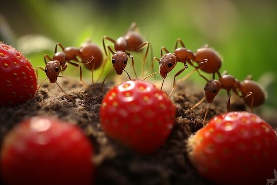 Equipo eficiente de hormigas recolectando fresas silvestres Agricultura...